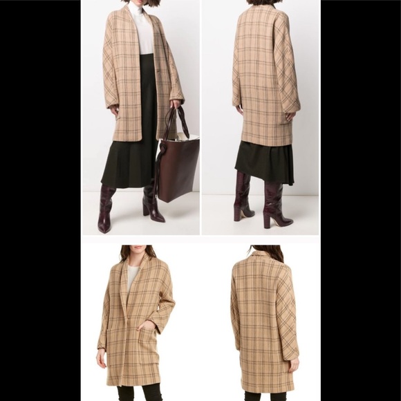 Vince Plaid Wool Blend Collarless Long Coat - Picture 5 of 5